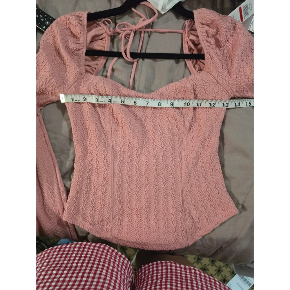 Free‎ People Pink Textured Puff Sleeve Tie Back Crop Top XS OB1434914